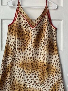 Oscar De LaRenta  Leopard Print Satin Maxi  Slip Dress with Red Trim